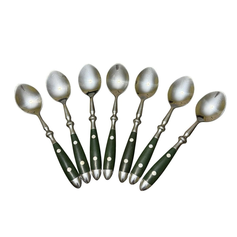 Set 7 Stainless Steel Teaspoons Green Rivet Handle Flatware Vintage
